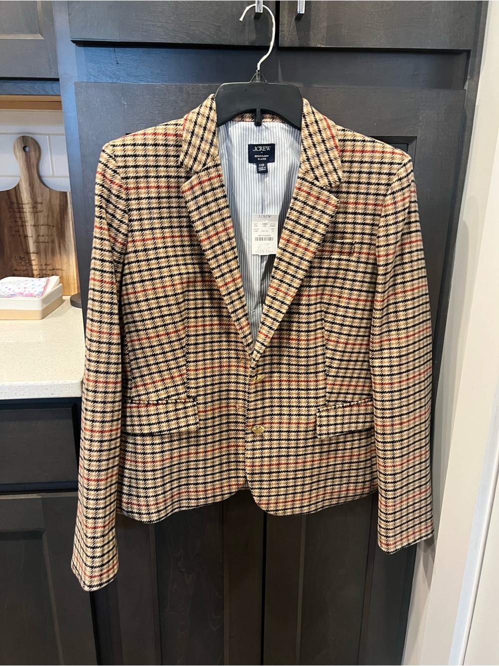 J.Crew Schoolboy Blazer Plaid Tweed Gold Button Jacket Size 10